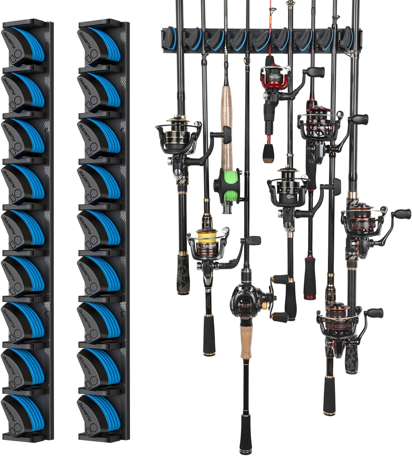 Plusinno Wandmontierter Angelrutenhalter, Set Mit 2 Vertikalen Haltern, Garagenaufbewahrung Für 18 Ruten Oder Combos, Kompatibel Mit Durchmessern Von 3-18 Mm, Robuste Wandmontage.