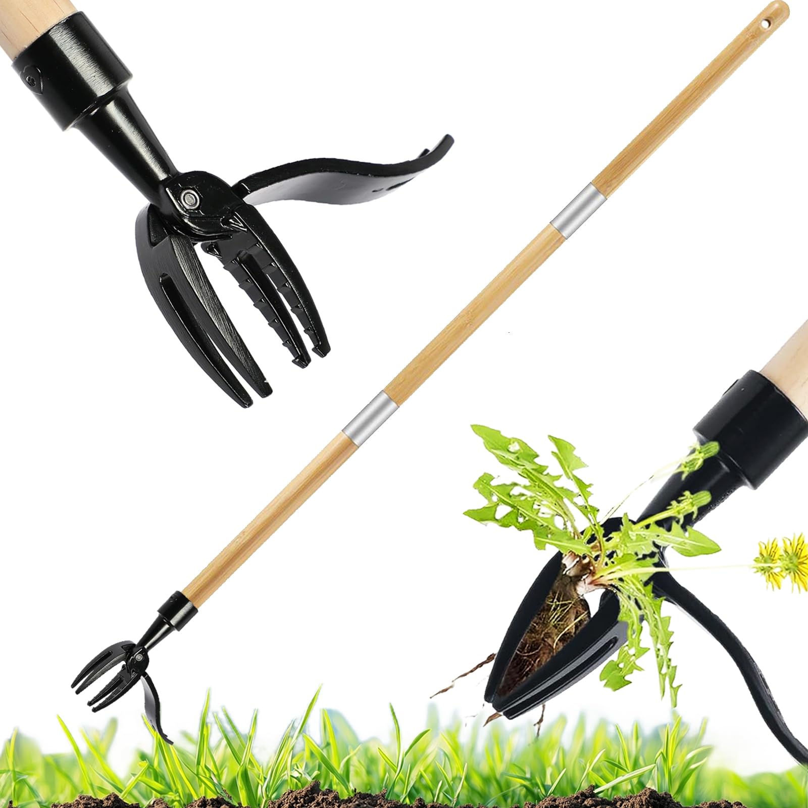 Manueller Löwenzahnentferner, 114,3 Cm, Bambusgriff, 4-zinkiger Stahlkopf, Wurzelentferner, Unkrautstecher Für Garten Und Rasen, Unkrautbekämpfungswerkzeug
