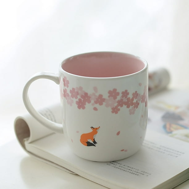Keramikbecher Mit Fuchs- Und Rosa Kirschblütenmotiv, Eleganter Becher Für Tee Oder Kaffee, Geschenk Für Freunde, Lehrer Oder Cousinen
