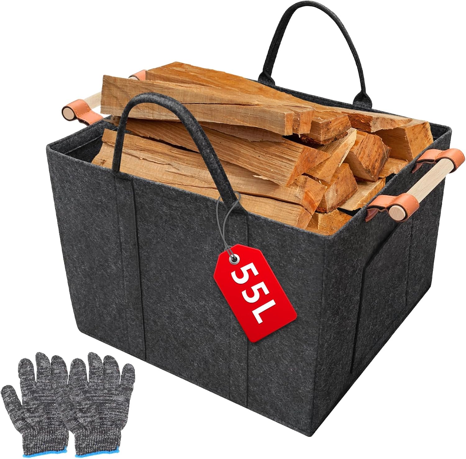 Quadratischer, Faltbarer Brennholzkorb (42 X 40 X 30 Cm) Für Kamin, Feuerstelle Und Ofen (55 L) – Brennholzhalter Mit Holzgriff Und Handschuhen – Extra Dicke Filzauskleidung Für Transport Und Lagerung
