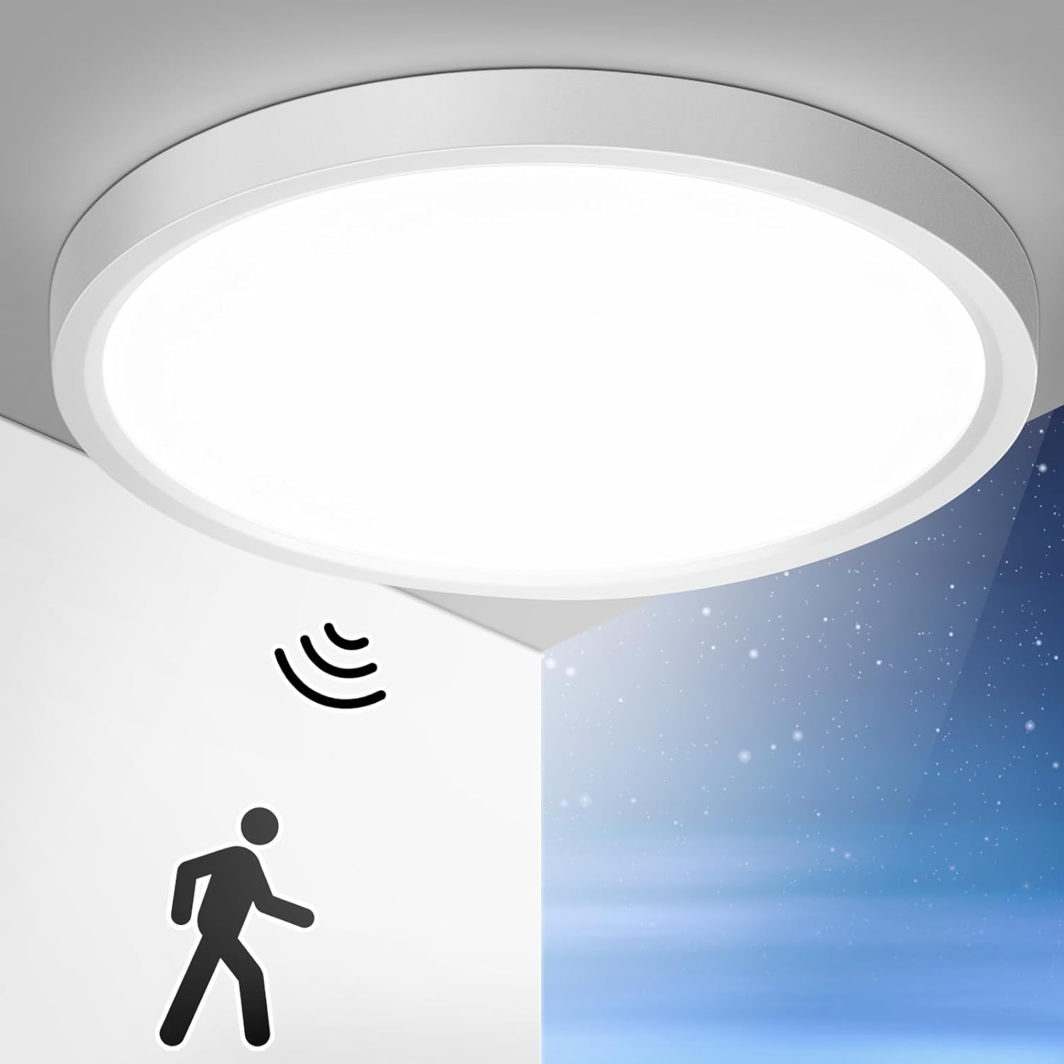 Ineasicer 30 Cm Led-deckenleuchte Mit Bewegungsmelder, 24 W, 2400 Lm, 6000 K, Präsenzmelder, Flurstrahler Mit Sensor Für Keller, Balkon, Garage