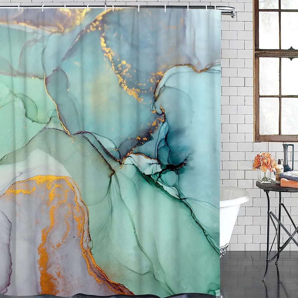 Duschvorhang Aus Polyester Mit Geometrischem, Abstraktem Marmormuster In Blaugrün Und Türkis, Für Badezimmer, Inklusive 12 Haken, Maße 100 X 180 Cm