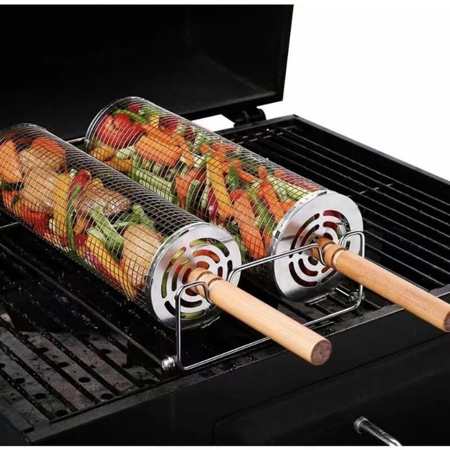 Zwei Grillkörbe Aus Edelstahl Mit Abnehmbaren Holzgriffen, Drehbarer Grillrost Für Gemüse Und Fleisch, Set Mit 2 Grillzubehörteilen