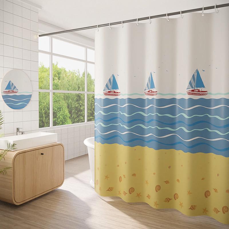 Duschvorhang 180 X 200 Cm Mit 12 Haken, Schnelltrocknend (segelboot-motiv), Wasserdichtes Polyestergewebe, Maschinenwaschbar, Badezimmervorhang