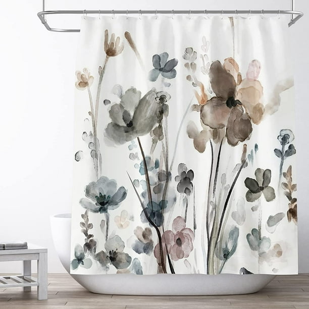 Duschvorhang Mit Blumenmuster, Creme, Grau, Blau, Boho-stil Mit Botanischem Aquarell-design, Wasserdicht, 183 X 183 Cm, Inklusive 12 Haken, Landhausstil
