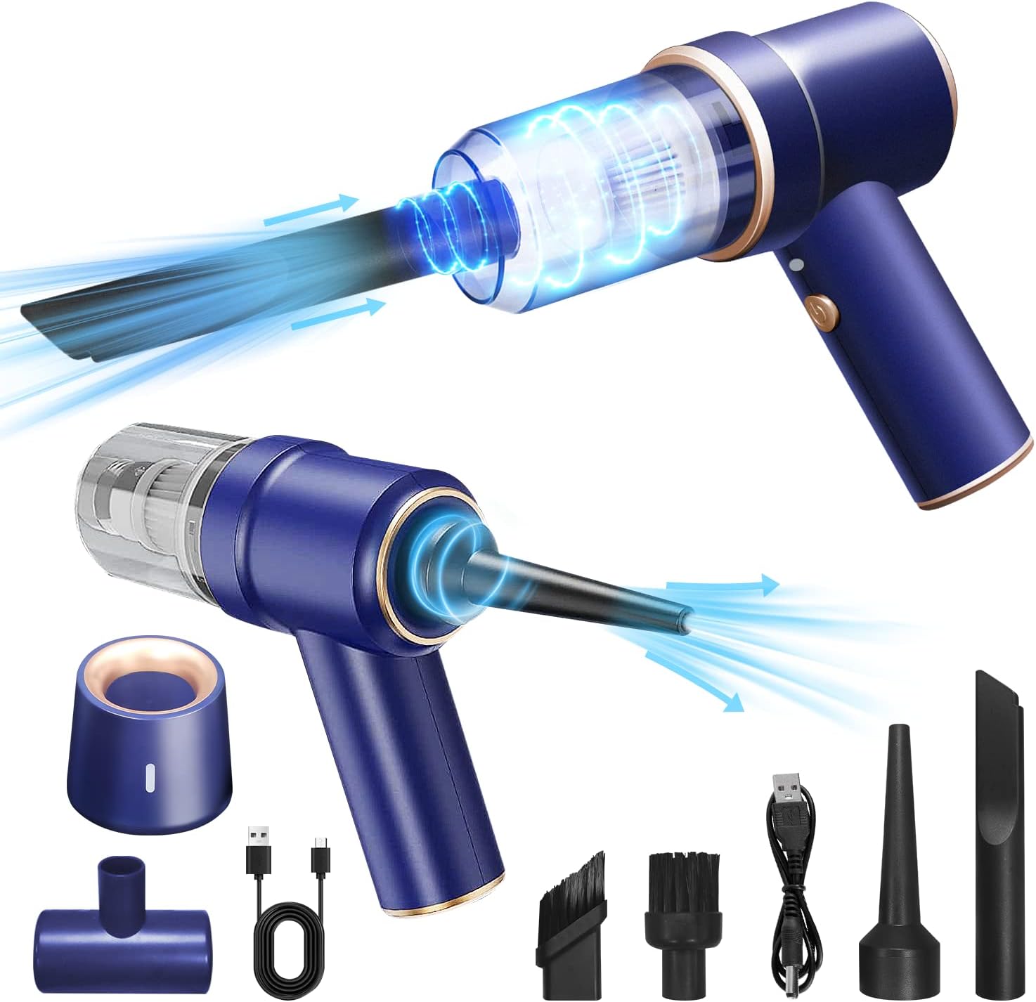 Kabelloser Handstaubsauger Mit Blasfunktion Und Led-licht, Mini-akku-elektrobesen Für Auto, Haushalt, Büro, Tastatur, Tierhaare (ltt-blue-upgraded)