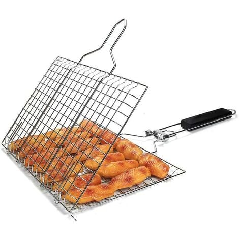 Faltbarer Grillkorb Mit Holzgriff, Fischzange Zum Grillen, Tragbarer Kochclip, Abnehmbarer Griff Und Aufbewahrungstasche Inklusive