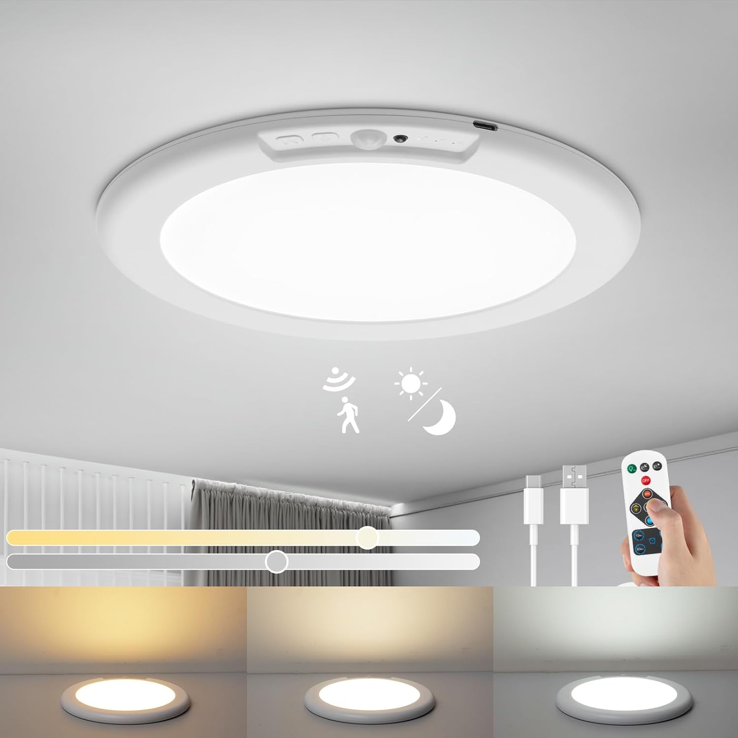 Kabellose Led-deckenleuchte Mit Bewegungsmelder, 6000mah Akku Mit Fernbedienung, Ø19cm Rund, Dimmbare Deckenleuchte 3000k-6500k, Ideal Für Flur, Garage, Treppenhaus, Montage Ohne Bohren.