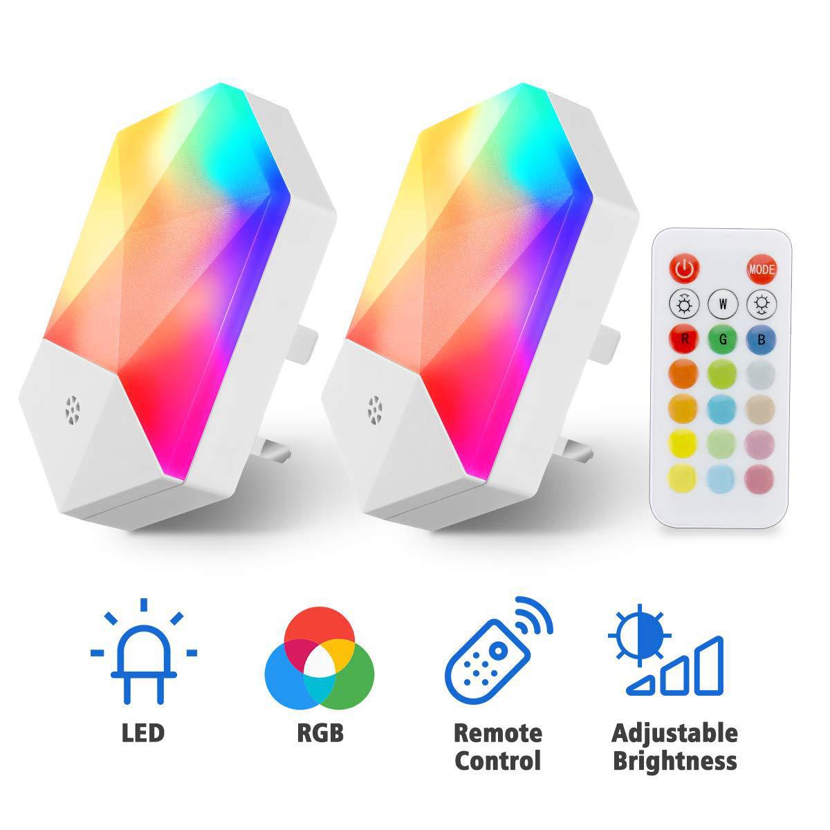Set Mit 2 Led-nachtlichtern Für Kinder, Mit Stecker, Rgb-mehrfarbenbeleuchtung, Dimmbar, Netzanschluss Mit Fernbedienung, 16 Einstellbare Farben Für Das Schlafzimmer.