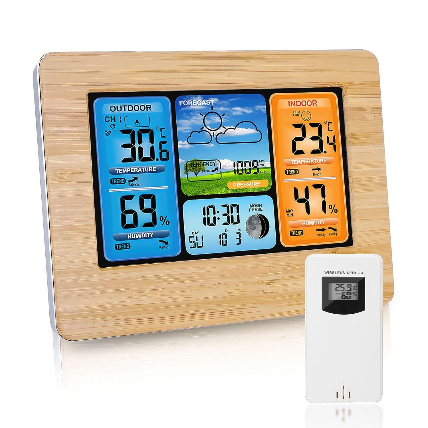 Drahtlose Wetterstation Mit Außensensor, Farb-lcd-bildschirm, Digitalem Wecker, Eingebautem Barometer, Thermometer-hygrometer, Wettertrends Und Warnmeldungen (bamboo)