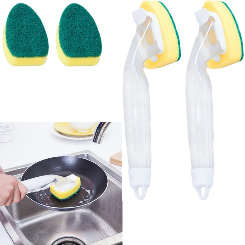 Brosse De Cuisine En Acier Avec Distributeur De Détergent Intégré Et 12 Têtes En Éponge.