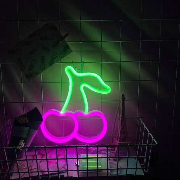 Led-neonljus, Kreativa Neonbakgrundsljus För Sovrumsdekoration (körsbär På Grönt Och Rosa),