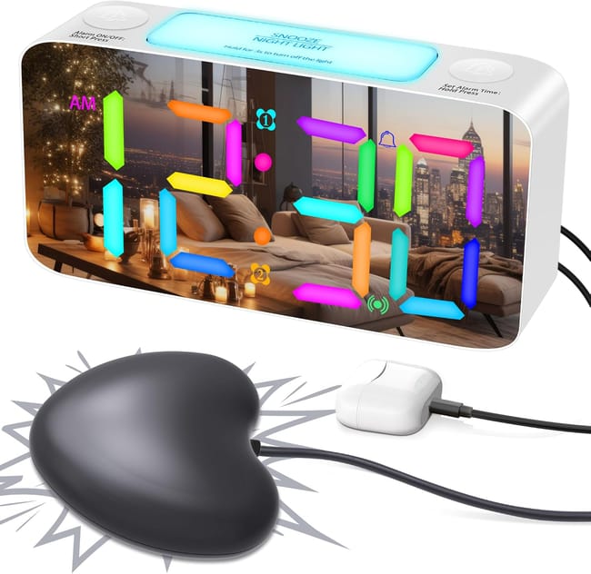 Réveil Rvb Extra Fort, Réveil Vibrant Avec Vibreur De Lit, 15 Modes De Couleur, Grand Écran Miroir 7 Pouces, 4 Variateurs (sku Produit : 97347027 Sku Offre : Mwj25.9.10-13)