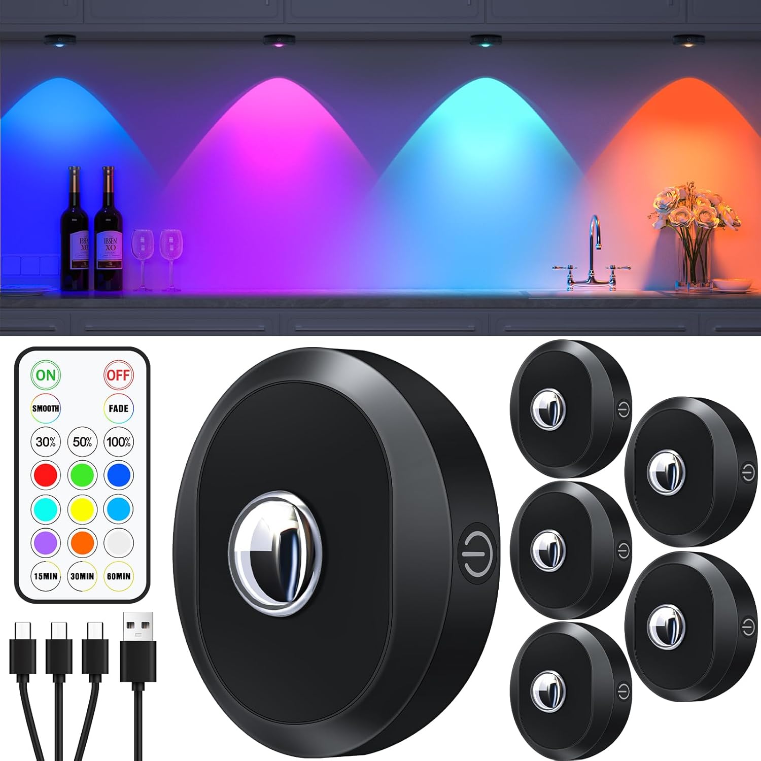 Projecteur Led Sans Fil Rechargeable Rvb Avec Télécommande, Variateur Et Minuterie, Pour Armoires (lot De 6)