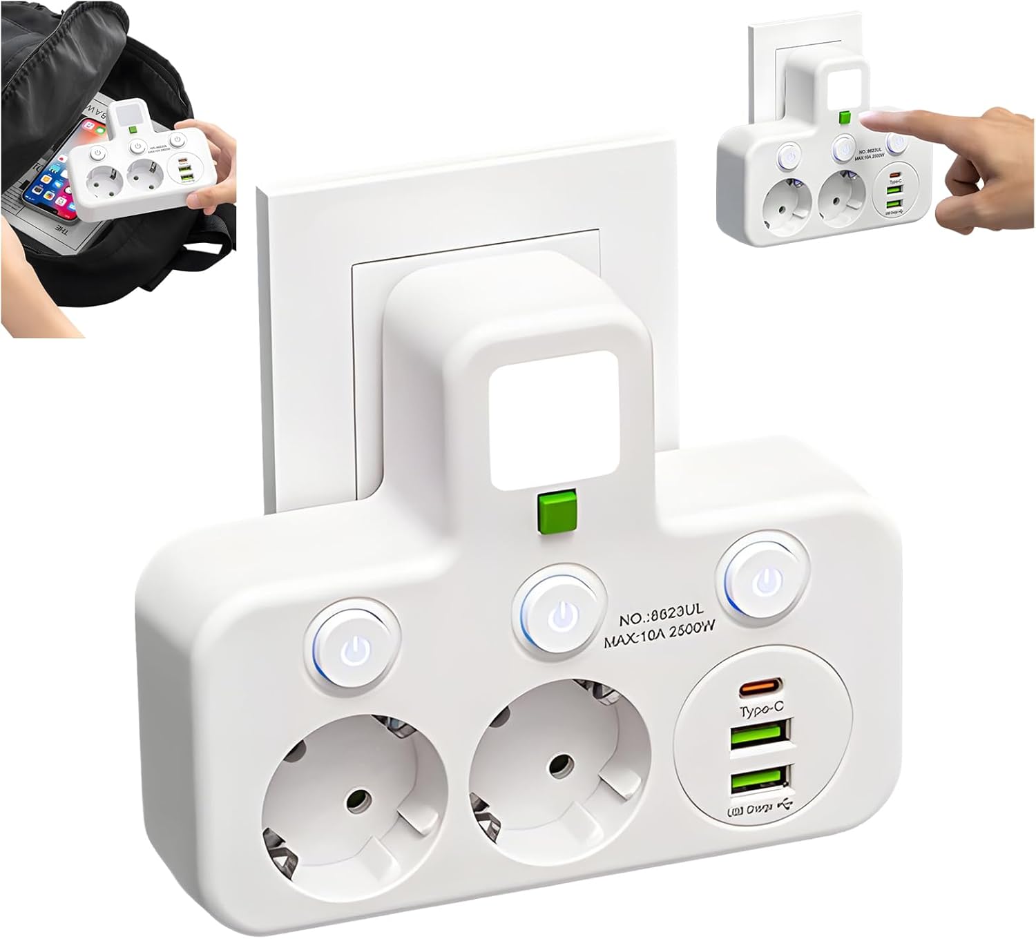 Multiprise Murale 5 En 1 : Bloc 2 Prises Françaises + 3 Ports Usb (1 Usb-c Pd20w), Multiprise Électrique Avec Interrupteur, Charge Rapide
