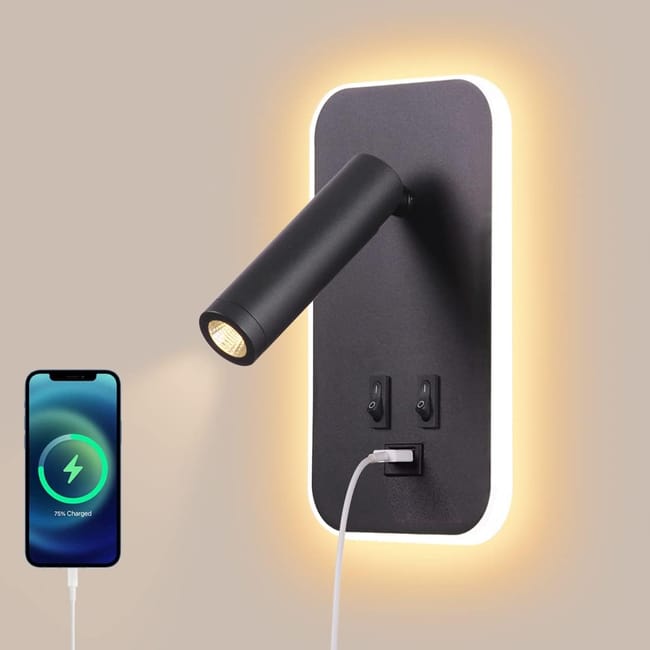 Applique Murale Led, Liseuse De Chevet Avec Interrupteur, Port De Charge Usb, D'Ambiance De Chambre À Coucher Spot Réglable [classe Énergétique F]