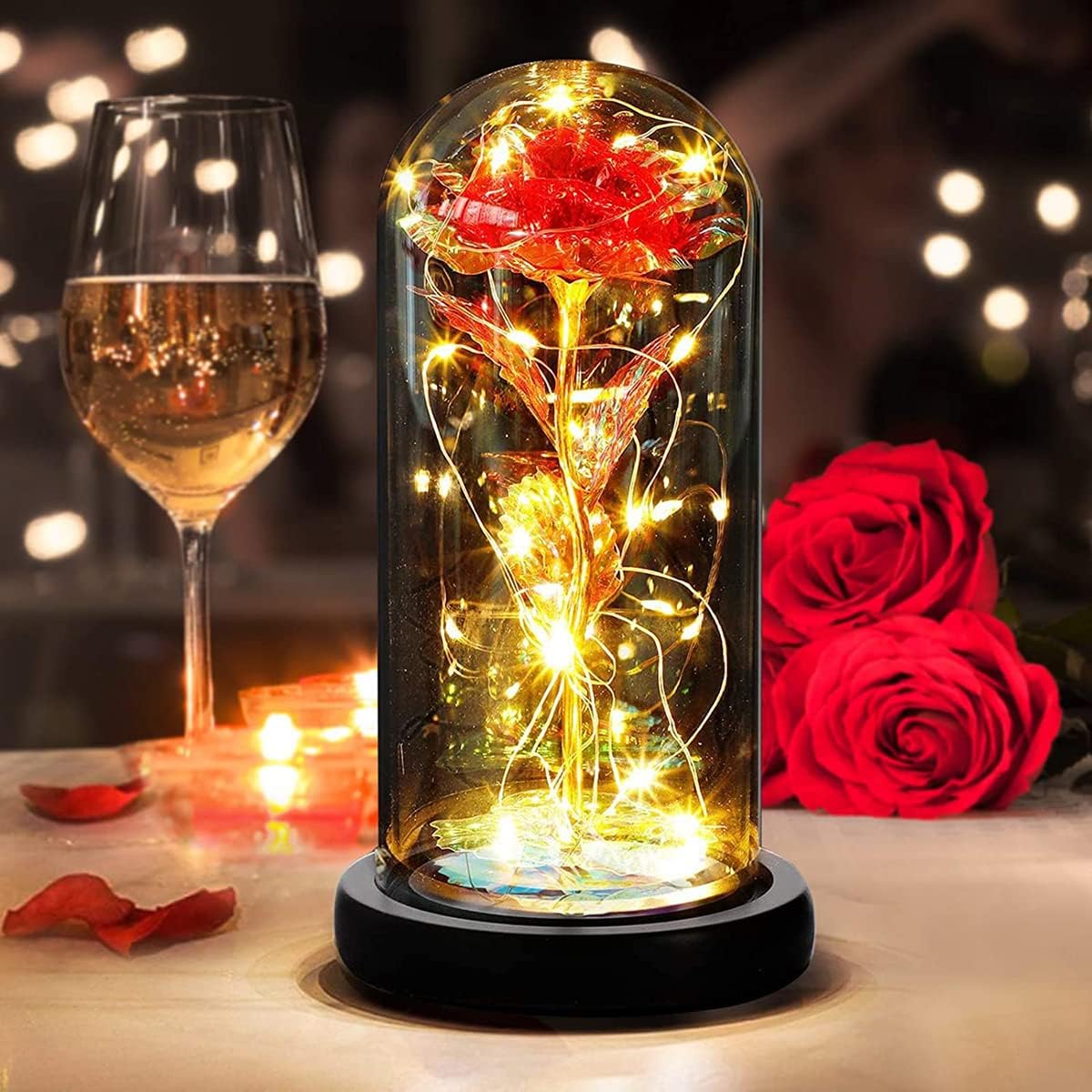 Rose Eternelle Sous Cloche, Cadeau Femme, La Belle Et La Bête Rose Eternelle,rose Dôme En Verre Fleur Artificielle Avec Led Lumières Anniversaire Cadeau Pour Elle,petite Amie,maman,mamie