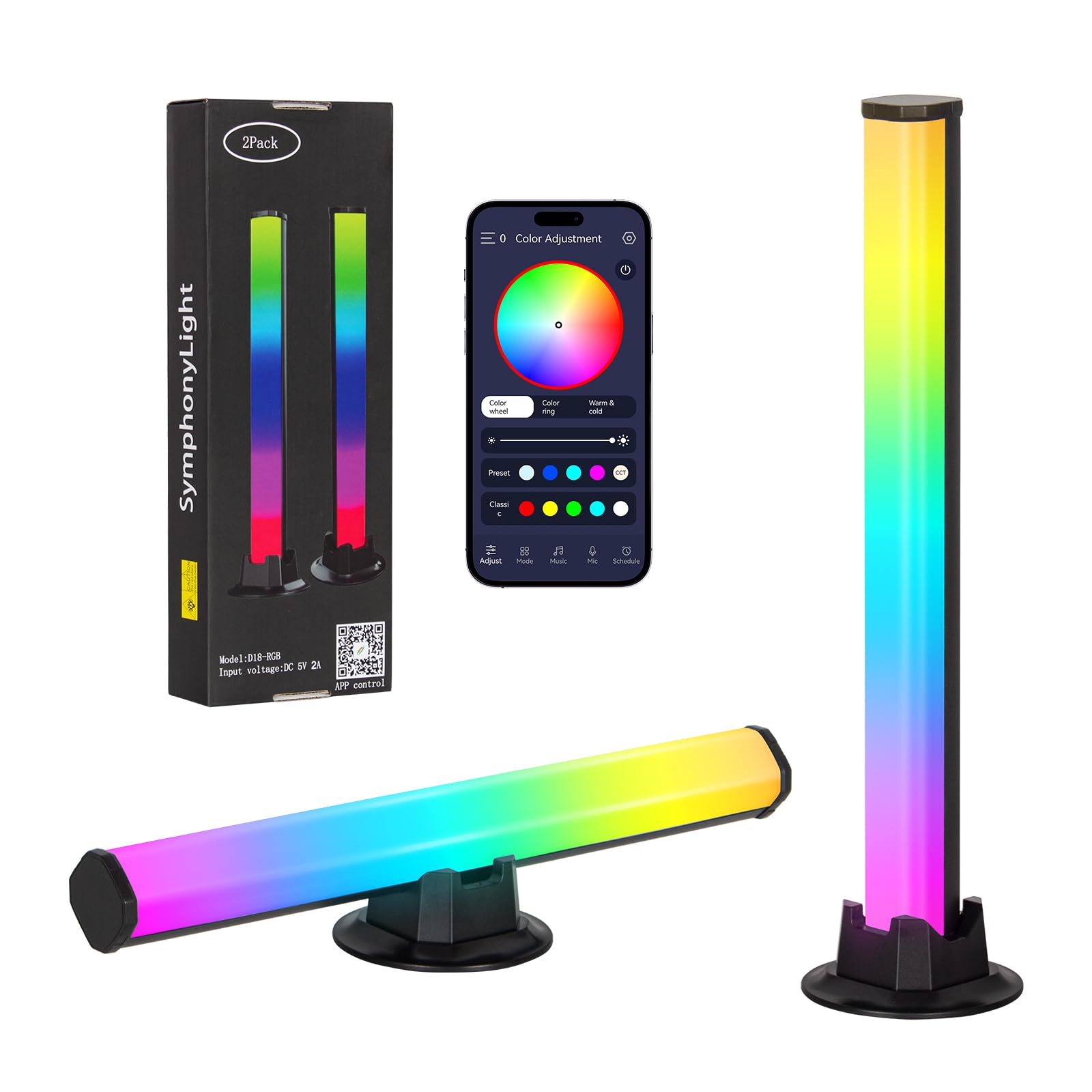 Smart Led Rgb Lampe Gaming, Lot De 2 Rgb Lampe Bureau Avec Effets D'Éclairage Multiples, Sync Avec Musique Tv, Control Par App, Lumière D'Ambiance Pour Tv, Pc, Décoration De Chambre, Bureau