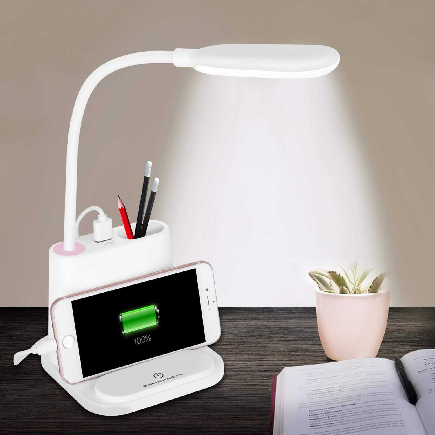 Lampe De Bureau Led Novolido Rechargeable Avec Port De Chargement Usb, Porte-stylo Et Support Pour Téléphone, Petite Lampe De Chevet Portable Et Flexible Idéale Pour Les Enfants, La Maison, Le Bureau