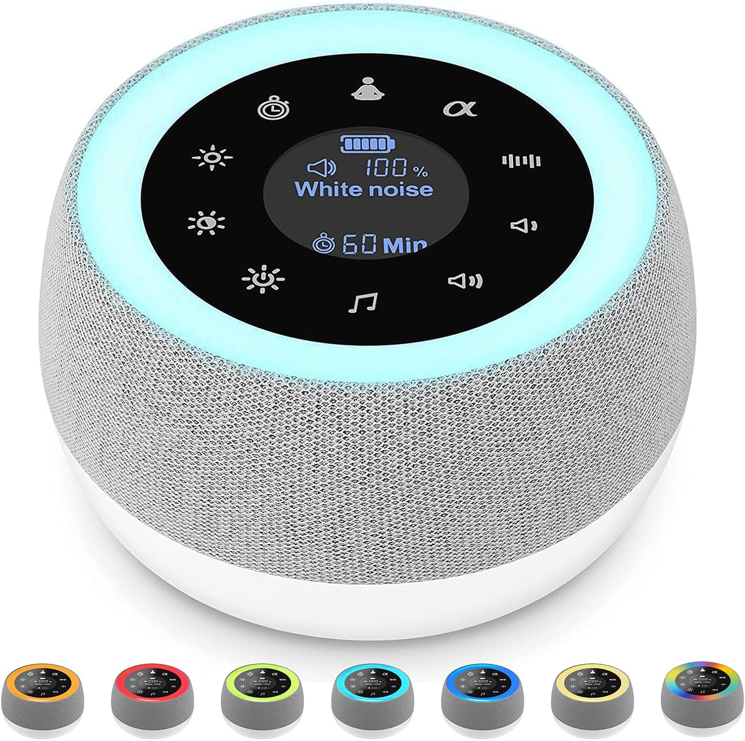 Machine À Bruit Blanc 2 En 1, Avec Veilleuse 7 Couleurs, 32 Sons Apaisants, Batterie Intégrée Et Prise Casque. Appareil Portable Idéal Pour Endormir Bébé, Adulte Et Pour La Sonothérapie.