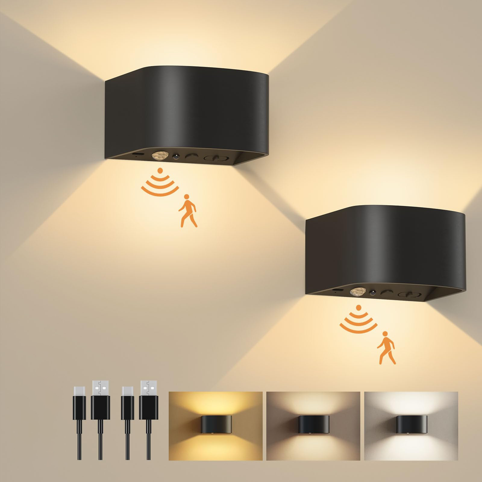Applique Murale À Détecteur De Mouvement Avec Télécommande, 3 Couleurs,lumière Murale Sans Fil Led, Applique Murale Haut Et Bas, Batterie Rechargeable 5000mah, Alimentation Par Batterie,2 Pièces