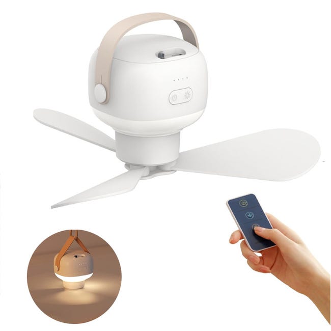 Bomclap Ventilateur Usb Rechargeable - Ventilateur Plafond Avec Led Lumière - 3 Vitesses - Pour Maison, Camping, Voyage - Design Mini (15x9x19cm)