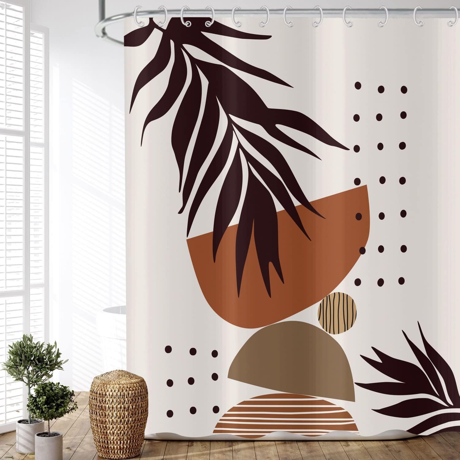 Rideau De Douche Style Boho 180x180, Art Abstrait Moderne Boho Feuilles Marron Ligne Demi- Lavables Rideau Douche Imperméable Textile Pour Baignoire
