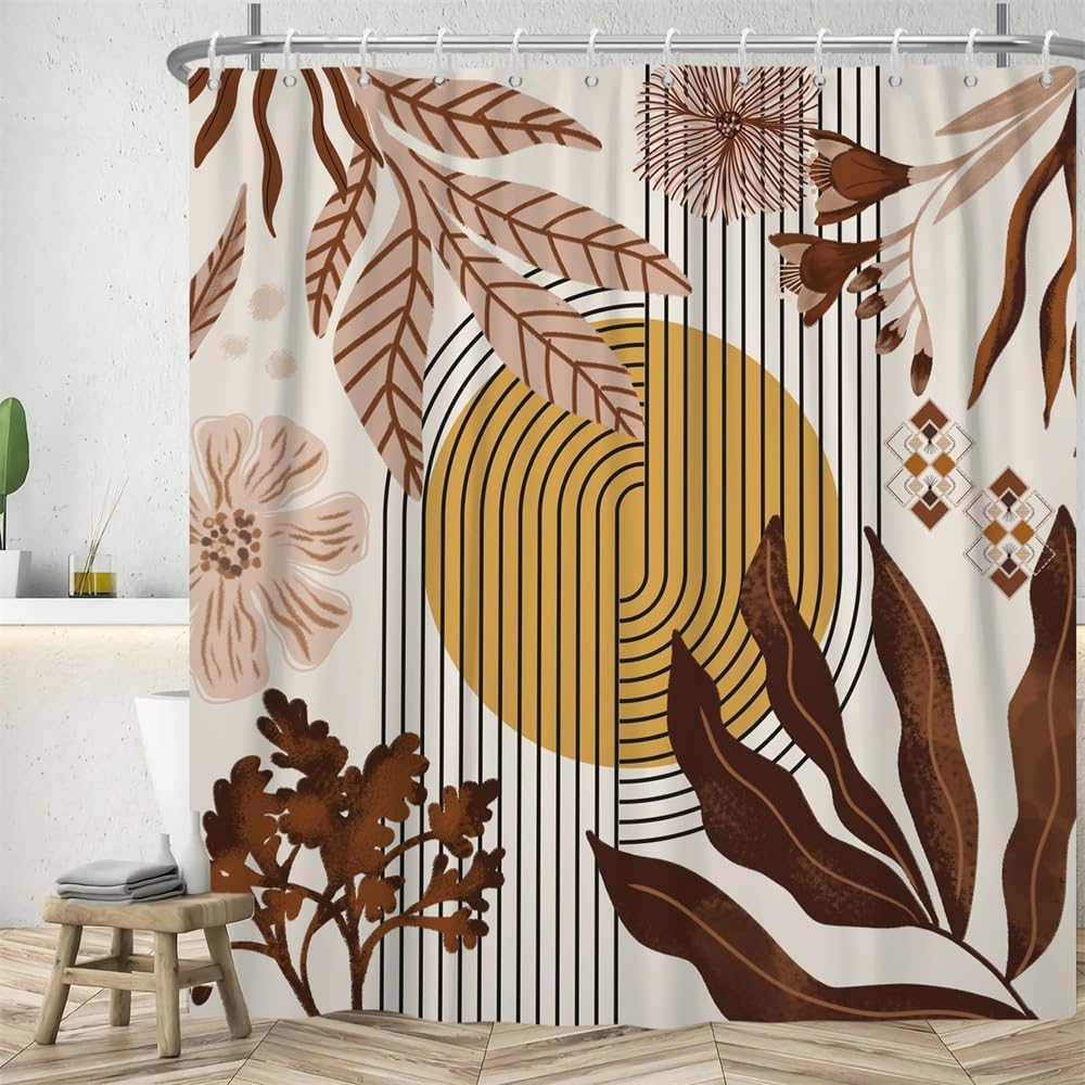 Rideau Douche Étroit, Rideau De Douche Abstrait Anti Moisissure 200x180cm Abstrait Soleil Gelb Fleur Rose Petit Rideaux De Baignoire Tissu Lavable