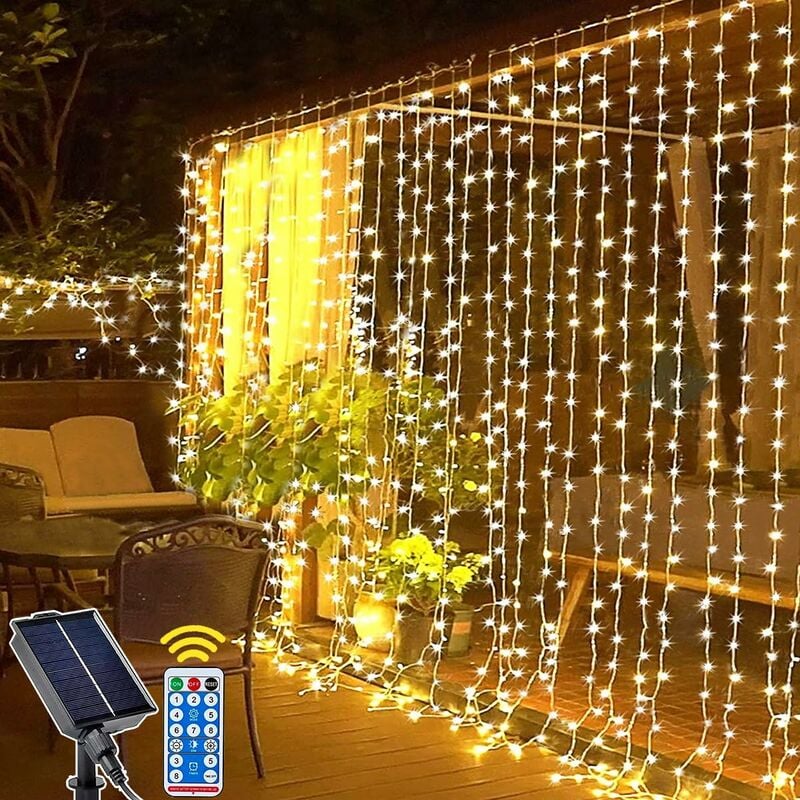 Choyclit Rideau Lumineux Solaire Extérieur, 3m X 3m 300led Lumineuse Solaire Avec Télécommande, 8 Modes Cascade Solaire D'Extérieur Étanche Pour Jardin, Balcon, Tonnelle, Déco De Fête(blanc Chaud)