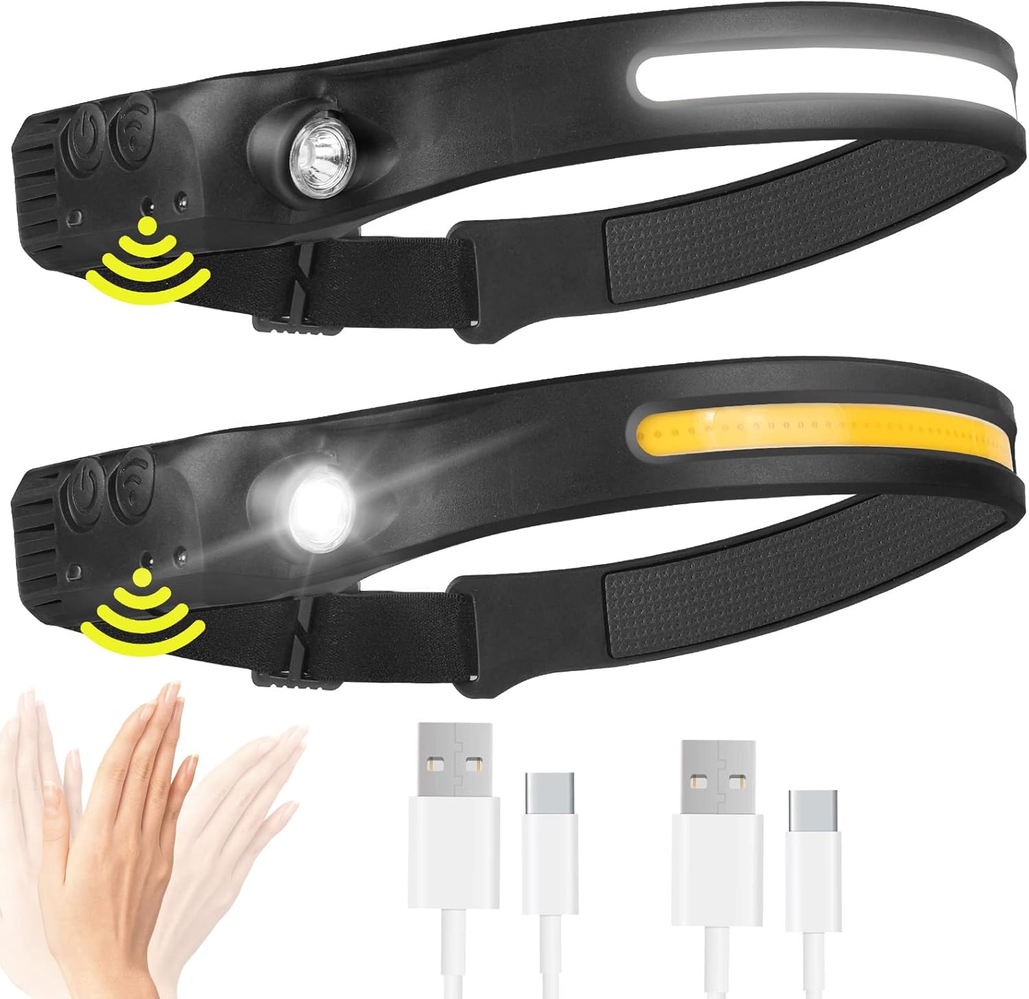 2pcs Led Lampe Frontale Rechargeable,5 Modes Lampe Frontale Led Puissante Cob,étanche Lampe Rechargeable Usb 1200mah Avec Capteur Intelligent Pour Jog
