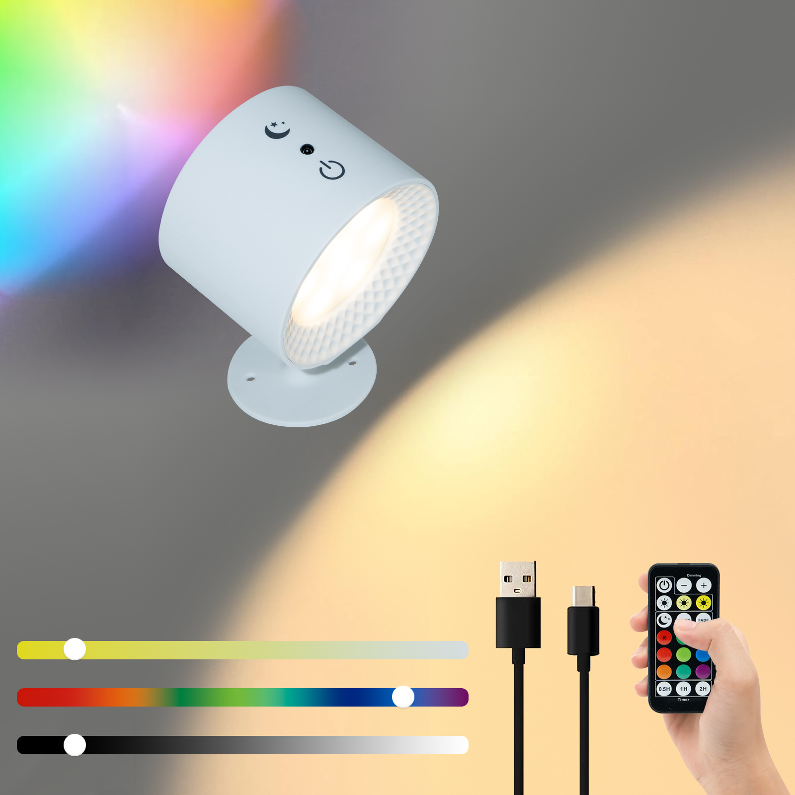 Applique Murale Intérieure, Lampe De Chevet Sans Fil Tactile Led Avec Télécommande, Lampe Murale Rgb À Gradation Rotatifs 360° Rechargeable Avec Minuterie Applique Murale Chambre Salon