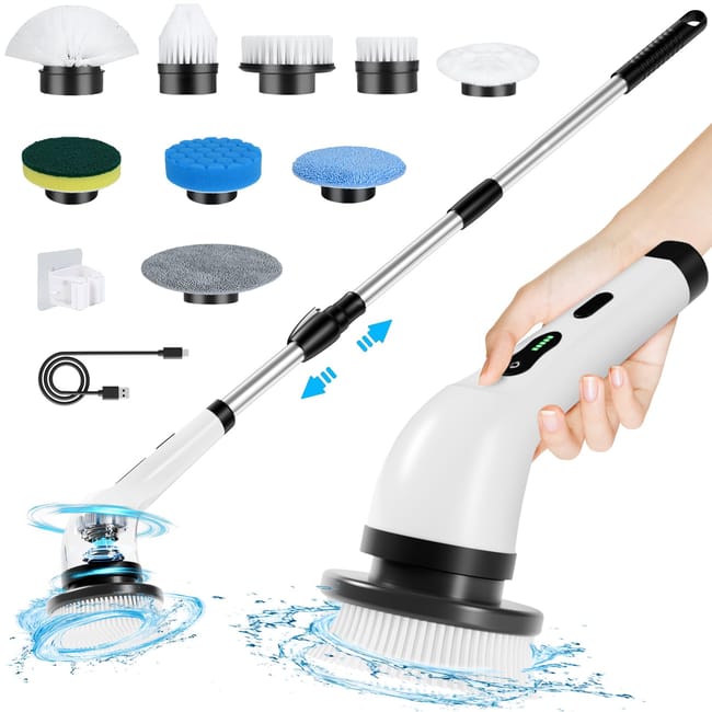 Brosse Electrique Nettoyage Rotative, Brosse De Nettoyage Sans Fil Avec 8 Têtes De Brosse Remplaçables, Spin Scrubber Avec Poignée Réglable De 137cm