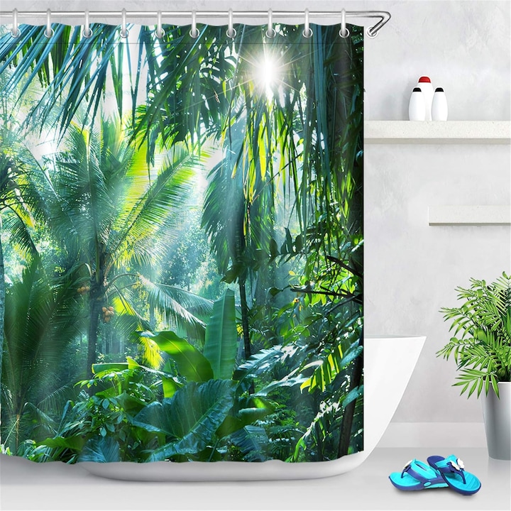 Perdea De Dus Qttvbtna, Tropical Plant, Poliester, 180x200 Cm, Verde