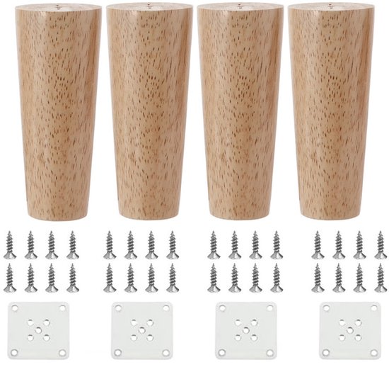 Pieds De Meubles En Bois (lot De 4) - Pieds De Canapé - Pieds De Coiffeuse - Pieds De Lit En Bois - Droit - 10 Cm - Plaque De Fixation Et Vis Incluses - Installation Facile - Convient Aux Tables Basse