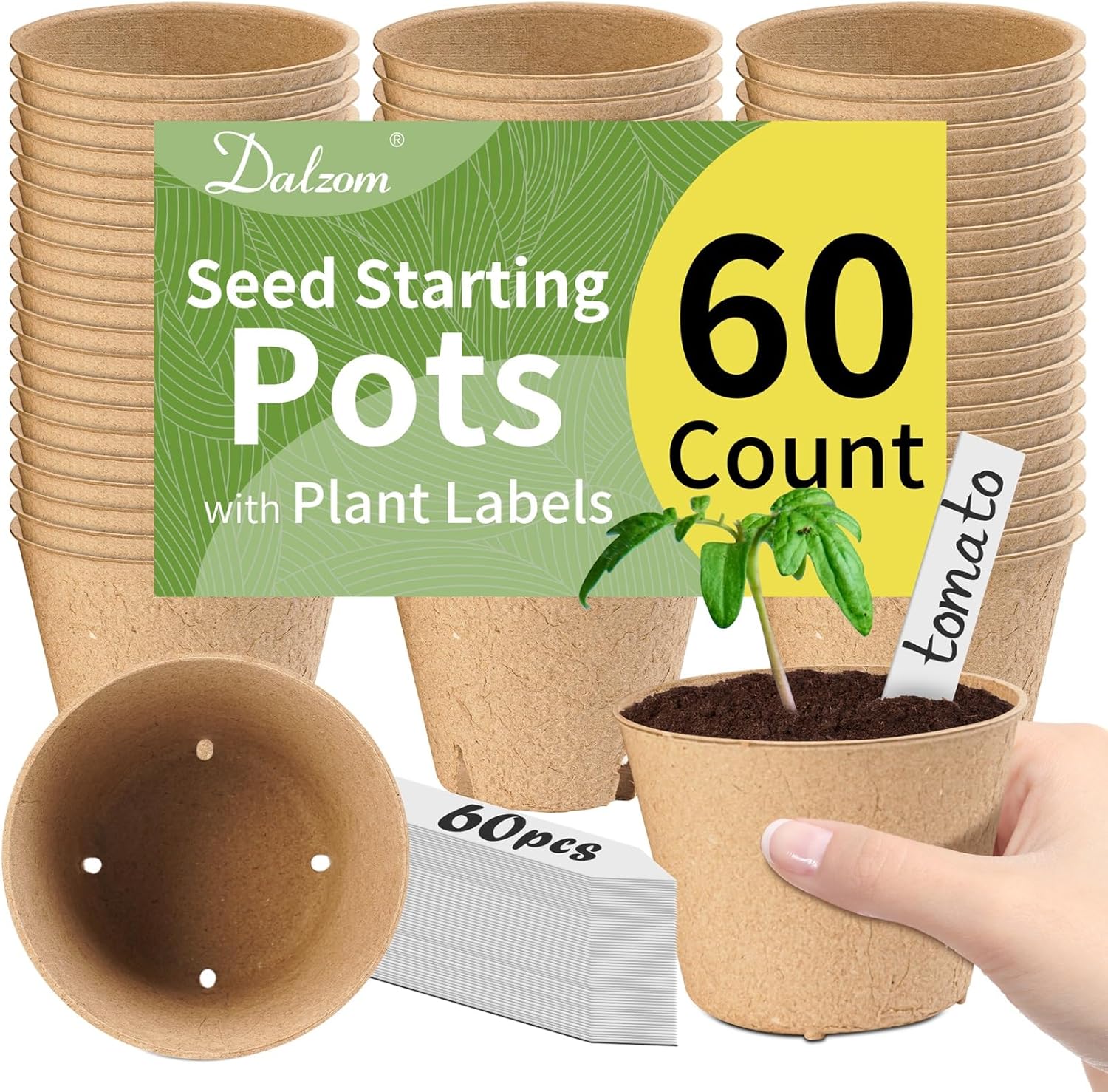 Dalzom® Lot De 60 Pots De Tourbe De 10 Cm Avec 60 Étiquettes Pour Plantes, Pots Biodégradables Pour Semis Avec Trous De Drainage, Pots De Pépinière Pour Plantes De Jardin, Plateaux De Semis