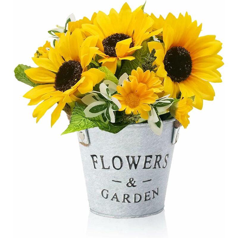 Plante Artificielle Décoration, Tournesol Plante Décorative Intérieur Extérieure, Fleurs Artificielles Avec Pot En Métal, Mini Faux Plantes Pour Déco