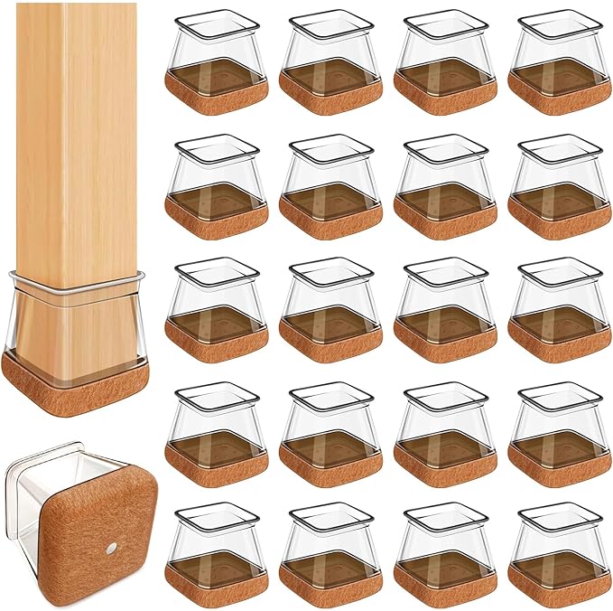 Embouts De Pieds De Chaise Carrés, 32 Pcs Protection Sol Pour Chaises, Feutre Et Silicone Transparent, Compatibles Planchers Bois.