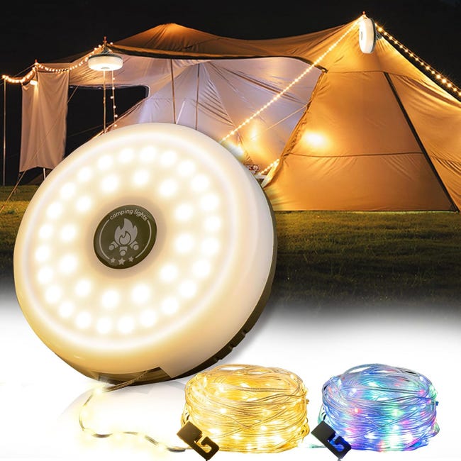 Guirlande Lumineuse De Camping 3 En 1, 10 M, 100 Led, Rétractable, 2800 Mah, Rechargeable Par Usb, 8 Modes, Étanche, Enroulable