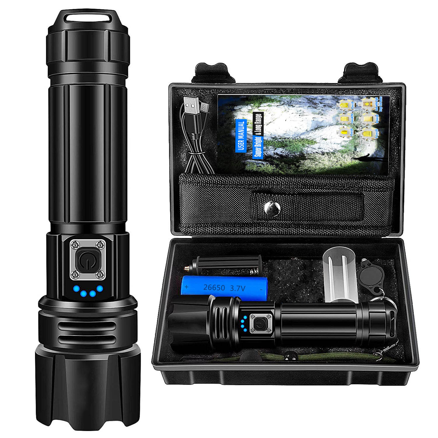 Lampe Torche Led Rechargeable Ultra Puissante, 5 000 Mah, 5 Modes De Zoom, Étanchéité Ip67