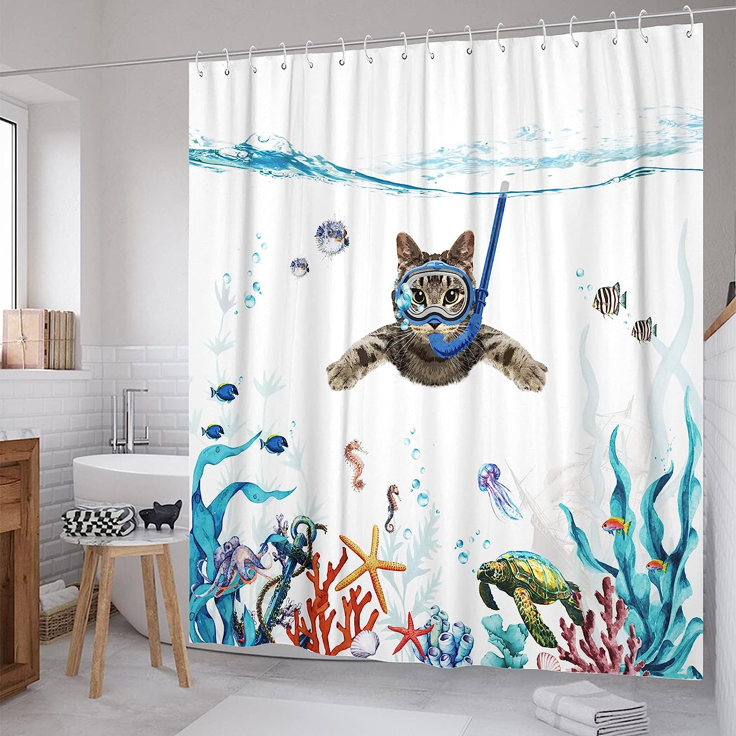 Rideau De Douche Bleu Chat Rigolo, 183 X 183 Cm, Ensemble De Rideaux De Douche En Tissu Imperméable Bleu Sarcelle Avec Motif Animalier Pieuvre, Étoile De Mer, Tortue, Ancre Et Poisson, Décoration De S