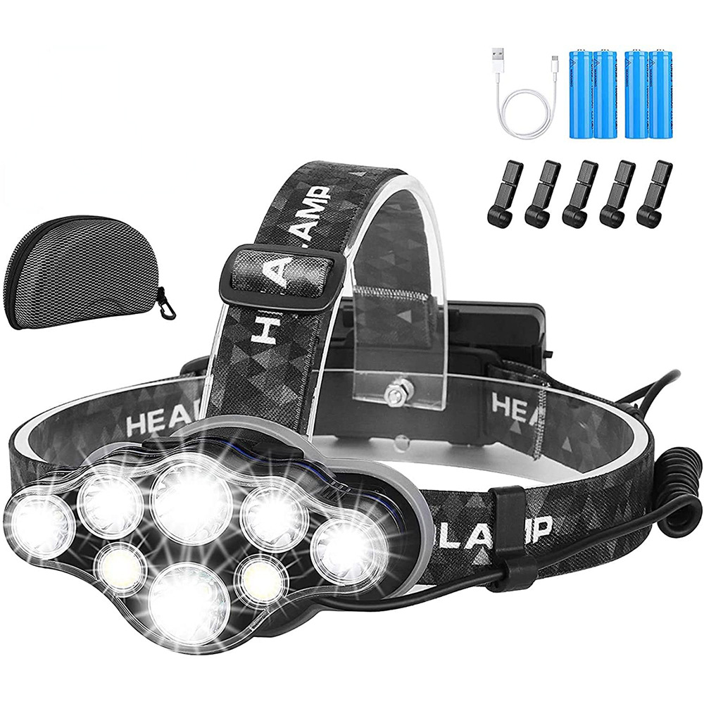 Lampe Frontale,torche Frontale 18000 Lumens 8 Led 8 Modes D'Éclairage,lampe Frontale Led Ultra Puissante Rechargeable Usb 90° Etanche Réglable
