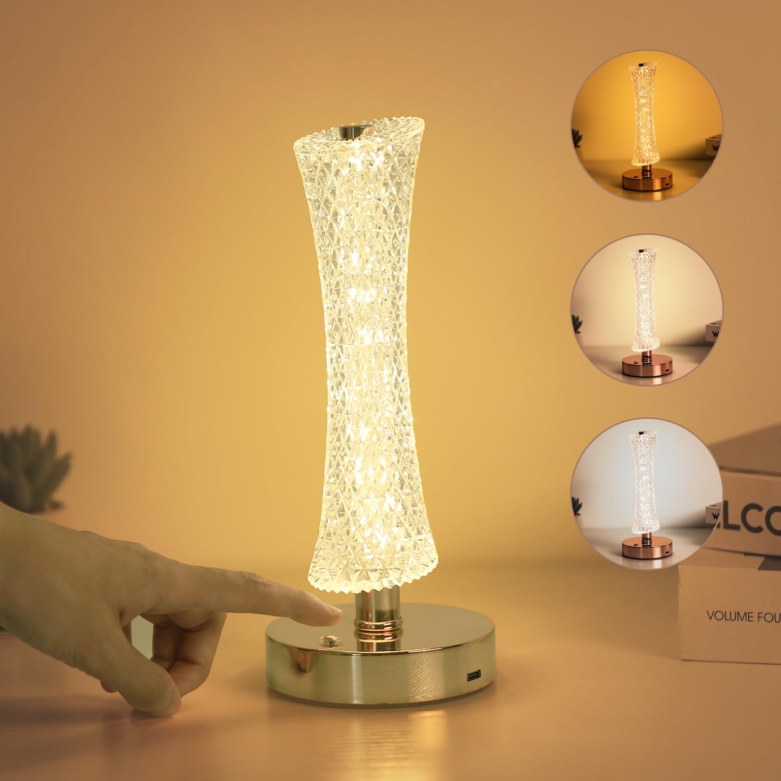 Lampe De Chevet Tour, Lampe De Table Sans Fil En Cristal Avec Commande Tactile, 3 Modes De Couleur Et Luminosité Réglable, Petite Lampe De Table Led Pour La Décoration De Chambre D'Enfant, De Fille Ou