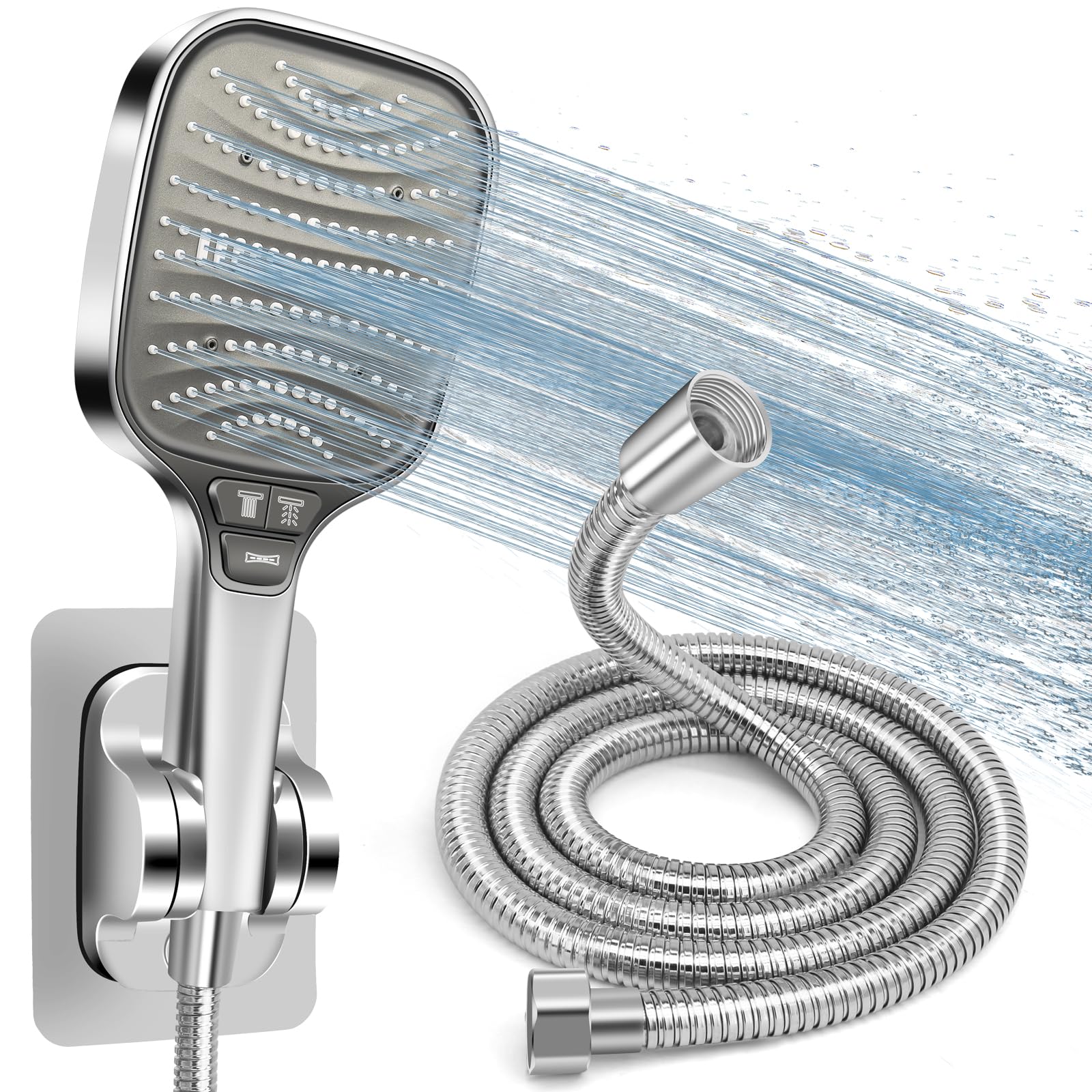 Kit Douche Haute Pression,pommeau Anti-calcaire 120mm 8 Modes Avec Tuyau Inox 1.5m Et Support Murale,douchette Économie D'Eau Pour Salle De Bain (argent)