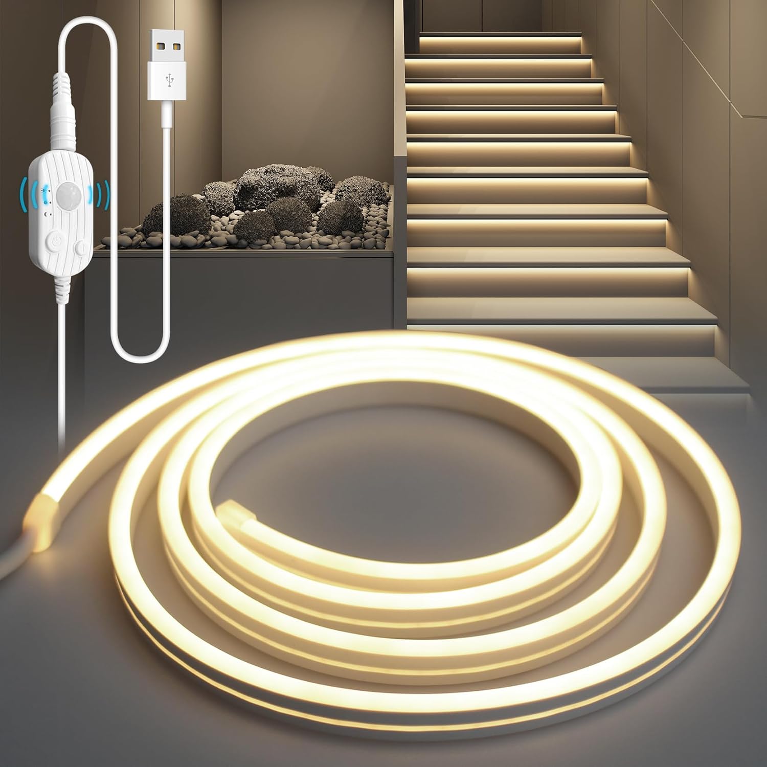 Yoodi Ruban Led 5m Détecteur Mouvement Neutre Ruban Leds 220v Usb Bande Led Exterieur Gradation Continue Flexible Pvc Bandeau Leds Découpable Avec Minuterie Pour Escaliers, Chambre, Cuisine [classe Én