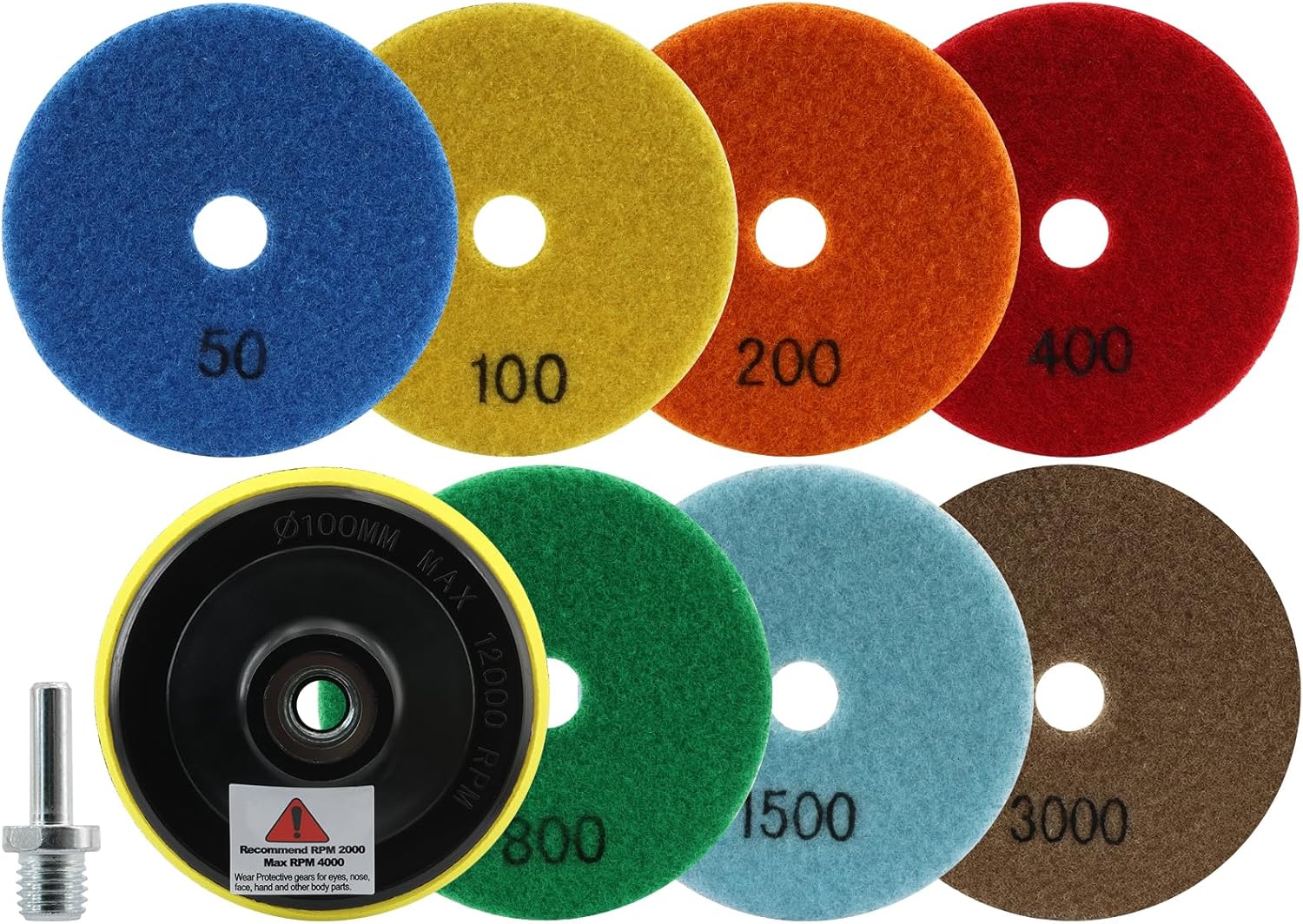 Disques Diamantés De Polissage - Lot De 7 Disques De 100 Mm (grains 50 À 3000) Avec Adaptateur Fileté M14 Pour Granit, Marbre, Pierre Artificielle Et Quartz.