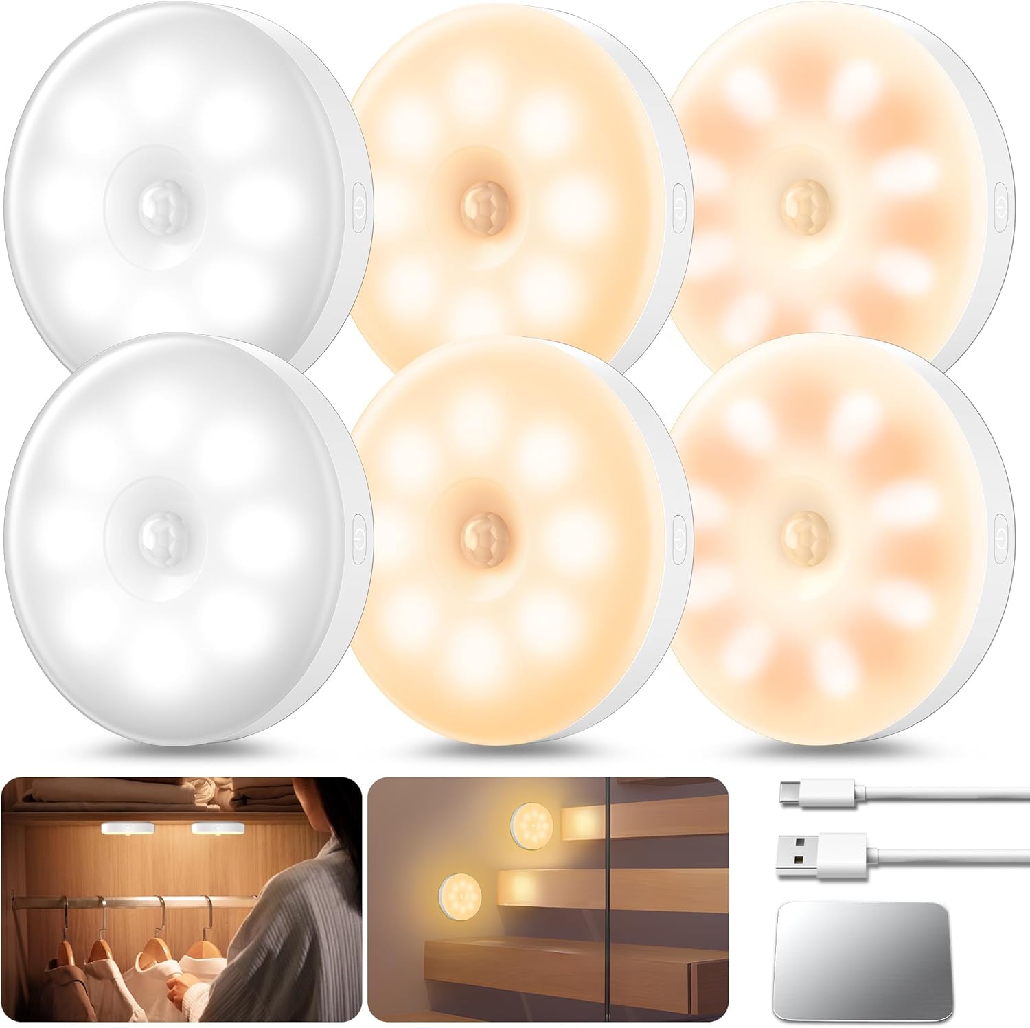 Lampe Detecteur De Mouvement Interieur Rechargeable Usb, Veilleuse Detecteur De Mouvement Pour Couloir Cuisine, Éclairage D'Escalier, Chambre D'Enfant, Éclairage D'Armoire (6 Pièces)