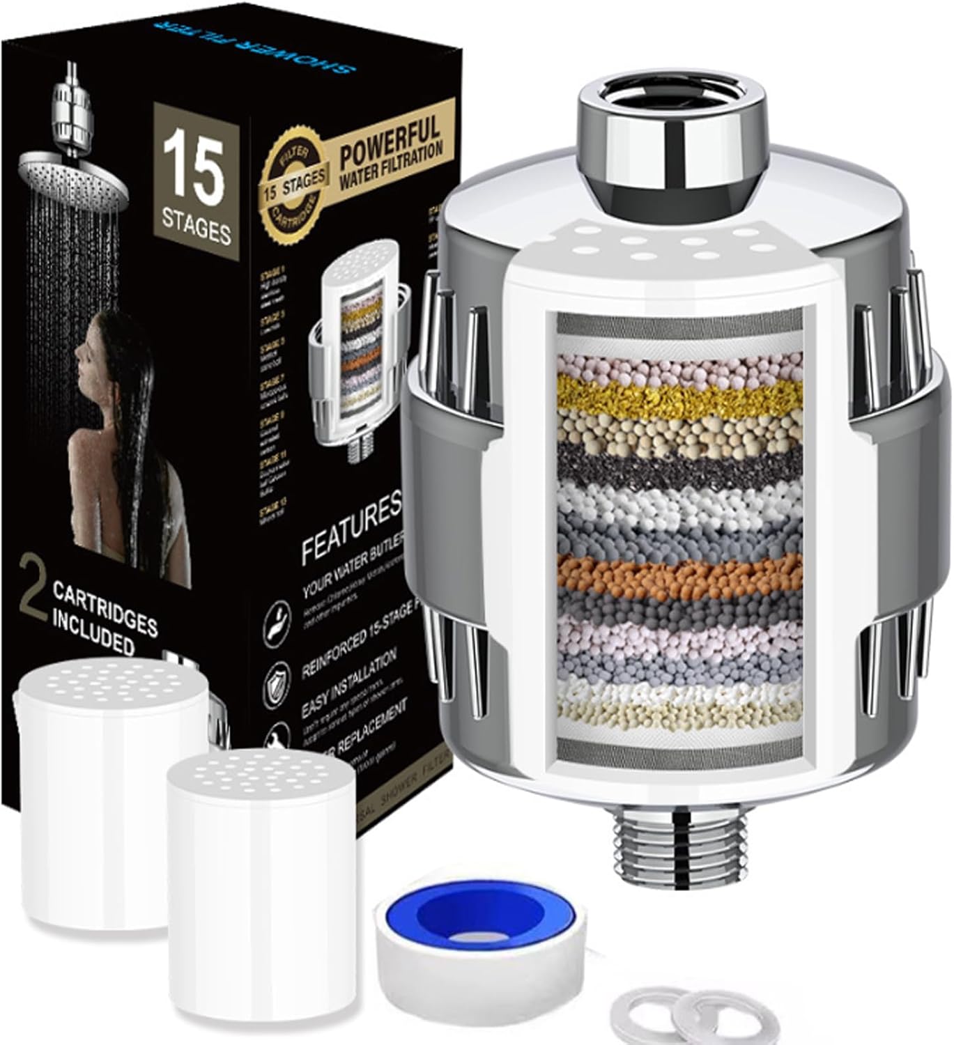 Filtre De Douche À 15 Étapes Avec Vitamine C,adoucisseur D'Eau Douche Avec Cartouches De Filtre Remplaçables Pour Éliminer L'Eau Dure, Chlore