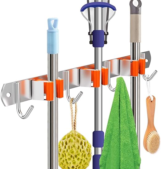 Rhafayre Support Mural Balai Acier Inoxydable, Accroche Balai Mural Avec 3 Emplacements Et 4 Crochets Pour Cuisine Garage Jardin Buanderie, Orange