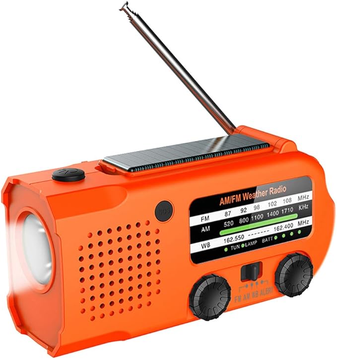 Radio D'Urgence À Manivelle, Lampe Led, Am/fm Noaa, Chargeur 5000 Mah, Usb, Solaire, Orange