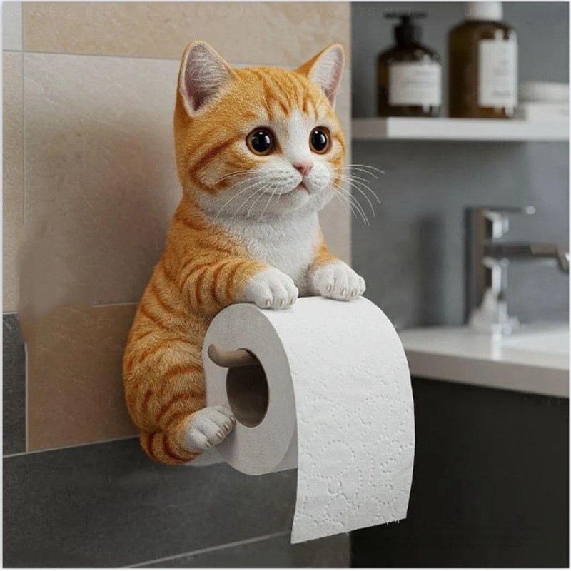 Porte-papier Toilette Orange En Forme De Chat Accroché Au Mur